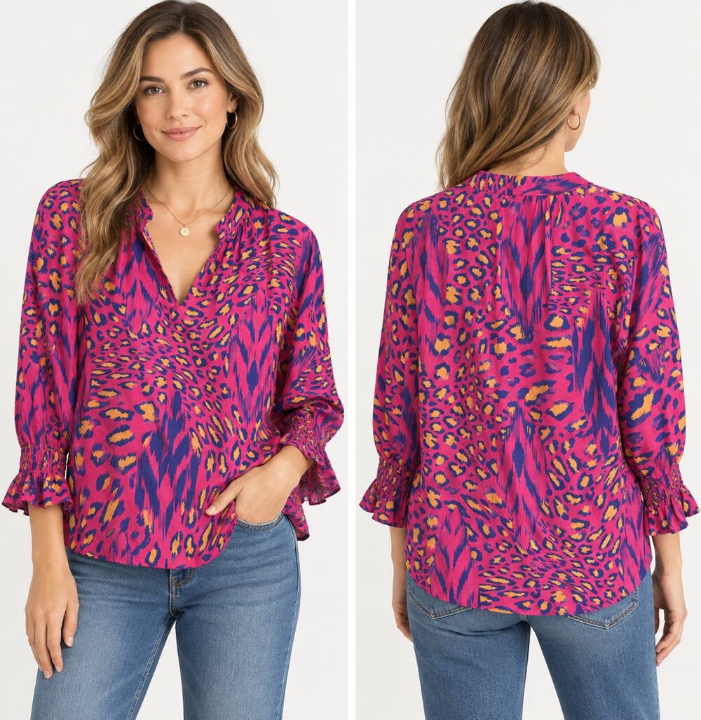 Finley Blouse Women S Pink Animal Print 100% Cotton Bell Sleeve Tunic Top